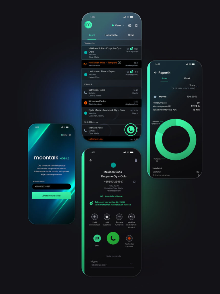 Useita näkymiä Moontalk Mobile -sovelluksesta