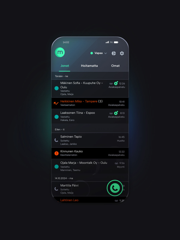 Moontalk Mobile näkymä puhelulokista