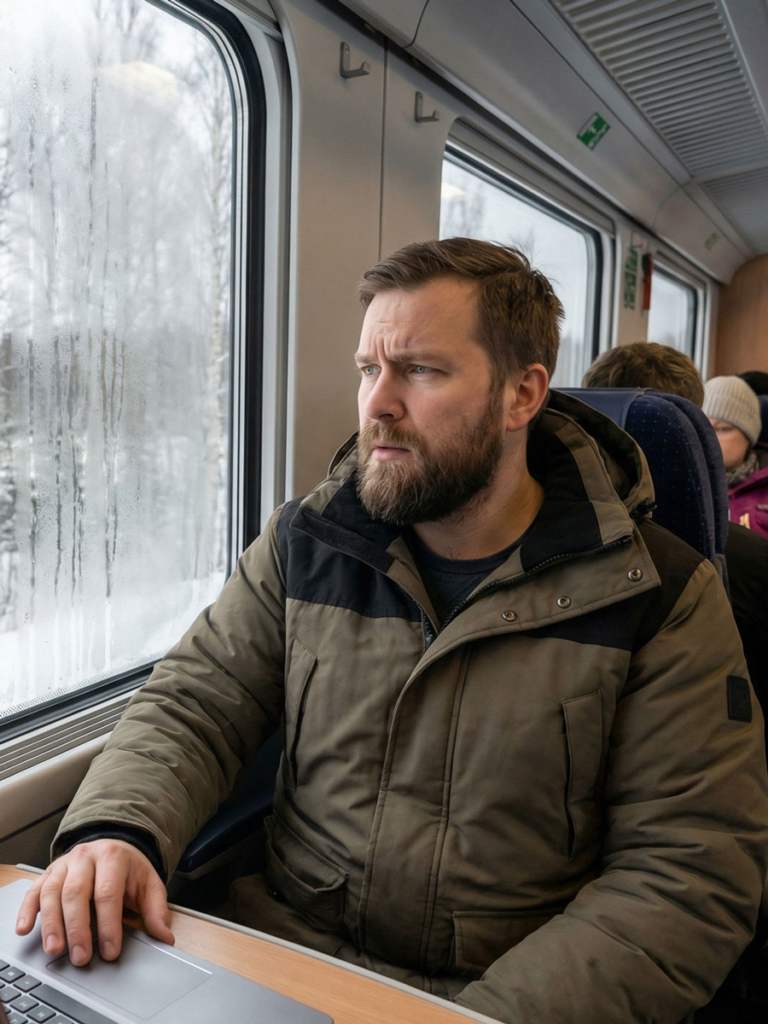 Mies työskentelee junassa tietokoneella, katsoo ulos ikkunasta huolestunut ilme kasvoillaan